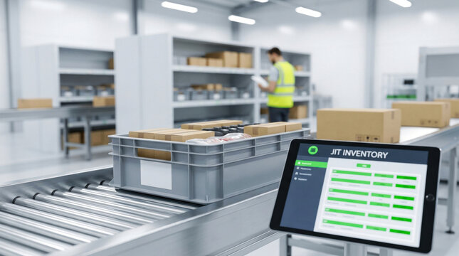 Tablet displaying jit inventory in warehouse logistics, optimizing supply chain operations