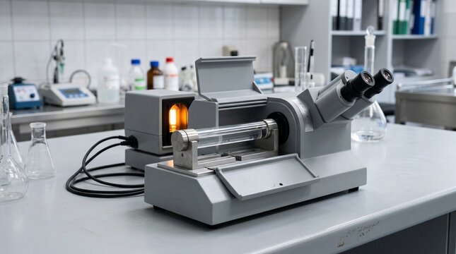 Polarimeter with a sodium lamp and a sample tube holder for optical rotation measurement in a pharmaceutical QC lab.