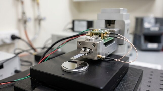 Atomic force microscope probe tip holder with a cantilever chip loaded in a surface analysis laboratory.