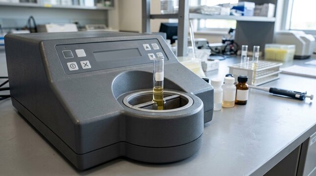 Radioimmunoassay RIA gamma counter with a loaded sample tube in the counting well on a nuclear medicine lab bench.