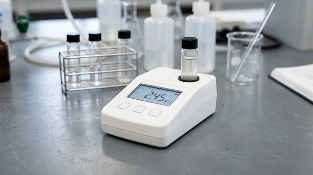 Turbidity meter with a sample cuvette loaded and a NTU reading displayed on a water testing bench.