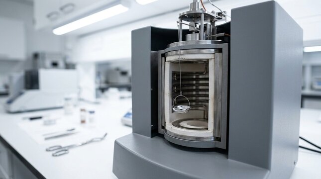 Thermogravimetric analyser TGA with a sample pan on the microbalance arm inside the furnace in a thermal analysis lab.