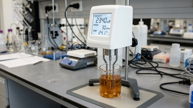 Viscometer with a spindle rotating in a sample beaker and a digital readout on a rheology research bench.