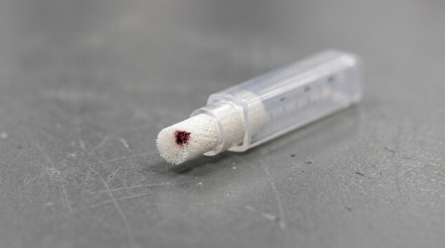 Volumetric absorptive microsampling VAMS device with a porous tip and a protective casing on a research desk.