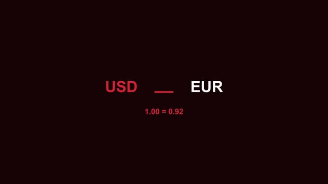 On a deep red background, the text 'USD' appears in red, followed by a dash and 'EUR' in white, with a numerical exchange rate below.