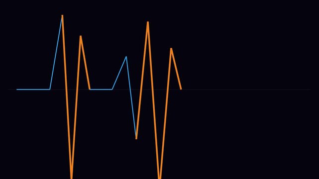 A vibrant, abstract representation of a heart rate or EKG line with alternating blue and orange peaks and troughs against a dark background.