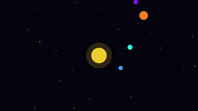 A simplified illustration of a sun surrounded by colorful planets and stars on a dark, deep space background, representing a miniature solar system.