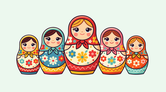 Matryoshka dolls illustration, Russian nesting dolls, folklore art, cute cartoon figures