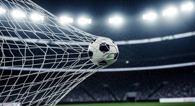 Soccer Ball Scores Goal in Stadium Net