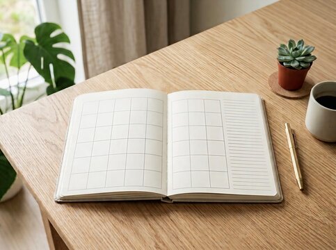 Blank Monthly Planner on Clean Wooden Desk