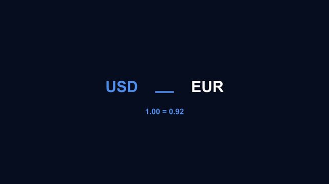 Against a dark navy background, 'USD' is displayed in a vibrant blue, followed by a dash and 'EUR' in white, with an exchange rate below.