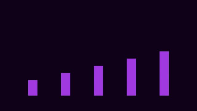 Five purple bars rise in height against a dark purple background, visually representing positive development, data growth, or financial success.