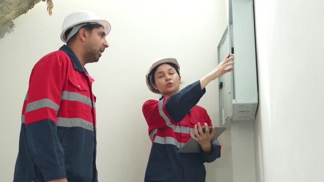 Construction workers reviewingproject plans at an indoor building site, ensuring teamwork, quality inspection and project management.