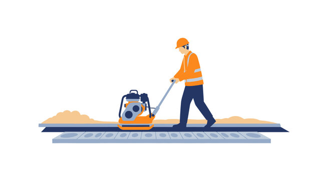 Flat vector illustration of a construction worker using a plate compactor for road surface leveling.