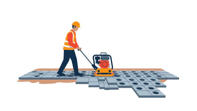 Construction worker using plate compactor on paving stones vector illustration