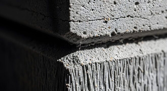 Close up of rough concrete blocks stacked together showing texture and detail.