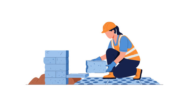 Female construction worker laying concrete blocks. Professional woman mason wearing safety gear building a wall. Flat vector illustration on white background.