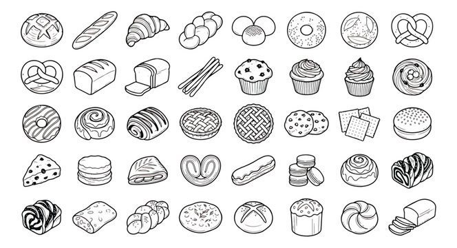 Minimalist bakery icons set, 40 line art bread and pastry illustrations, black and white vector collection of sweet desserts and artisan dough products