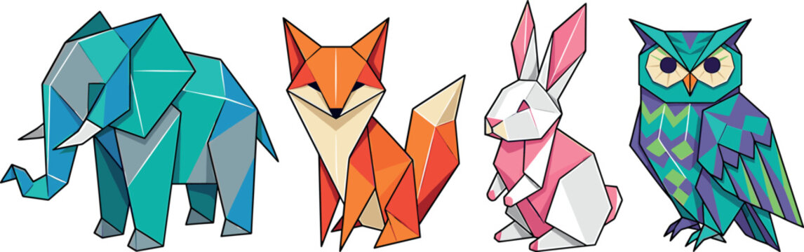 Geometric low poly origami animals set featuring colorful elephant fox rabbit and owl portraits for creative design vector illustration