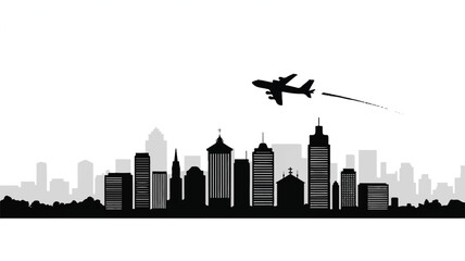 Obraz premium An airplane flies over a city skyline silhouette at dusk with buildings