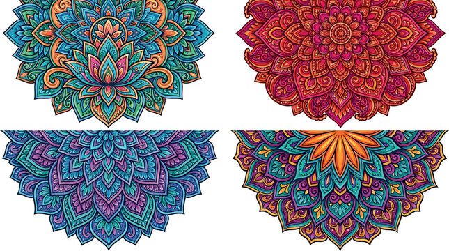 Intricate colorful half mandala vector set featuring ornamental bohemian lotus floral borders and ethnic geometric semi-circle patterns,