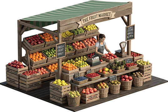 Isometric outdoor local fruit market stall with female vendor selling fresh organic produce in wooden crates vector illustration