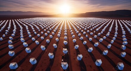 Fototapeta premium Vast Array of Radio Telescopes Under a Dramatic Sunset Sky.