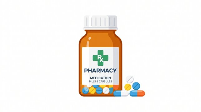 Cartoon amber prescription bottle with white cap labeled "PHARMACY MEDICATION PILLS & CAPSULES" and a green Rx cross. Colorful pills and capsules spill out beside it.