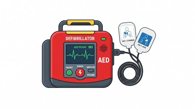 Cartoon red AED defibrillator labeled "DEFIBRILLATOR" and "AED". Screen shows "AED READY" with a heartbeat line. Includes ON/OFF, SHOCK, ANALYZE buttons and two pads: PAD 1 STERNUM and PAD 2 APEX.