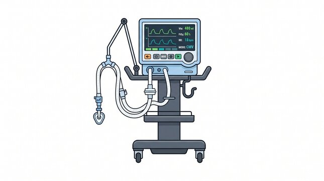 Cartoon illustration of a hospital ventilator on a wheeled stand. Screen shows waveforms with Vte 480ml, FiO2 60%, RR 18bpm, MODE CMV, plus breathing tubes and mask.