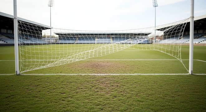 Football Goal Net on Empty Stadium Field