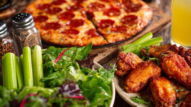 Fresh pepperoni pizza with crispy crust and golden chicken wings served with celery, lettuce and seasonings on wooden board, complete restaurant meal with refreshing drink and delicious comfort food.