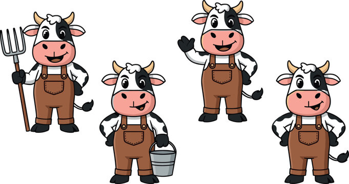 Cute farmer cow character vector illustration set with pitchfork bucket and different poses isolated on white background