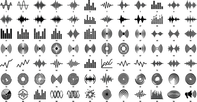 Collection of audio sound wave silhouettes music equalizer bars radio frequency signals and digital voice pulse icons isolated on white background.