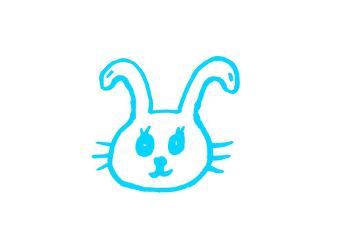 Cute blue rabbit head doodle drawing with illustration creative childish handdrawn character whimsical whiskers minimalist isolated background