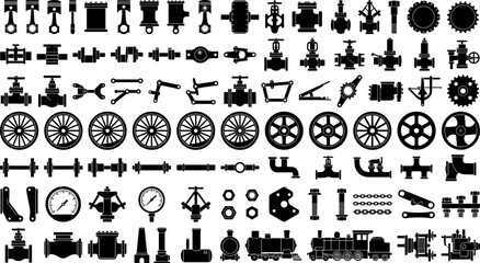 Collection of industrial machinery silhouettes engine pistons plumbing valves train wheels and mechanical gear icons isolated on white background vector elements. © AFSANA AKTER