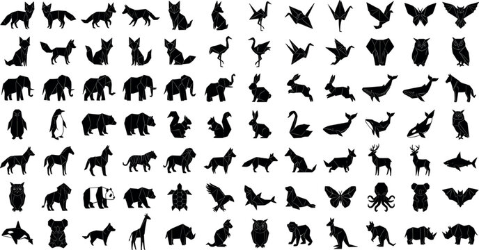 Collection of geometric origami animal silhouettes featuring low poly paper folding icons and wild fauna symbols isolated on white background.