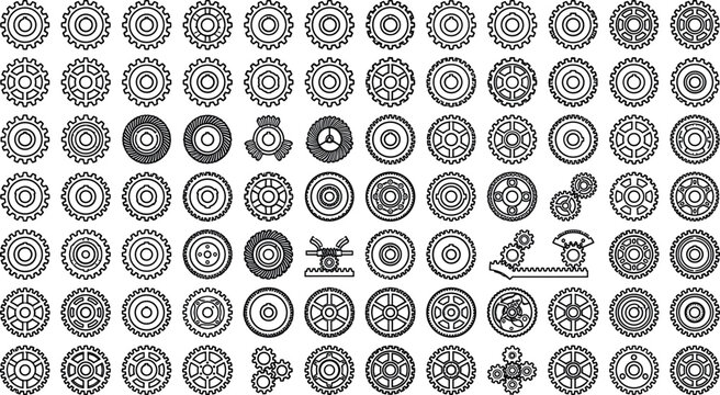 Collection of industrial gear line icons mechanical cog silhouettes and engineering machinery wheel elements isolated on white background vector illustration.