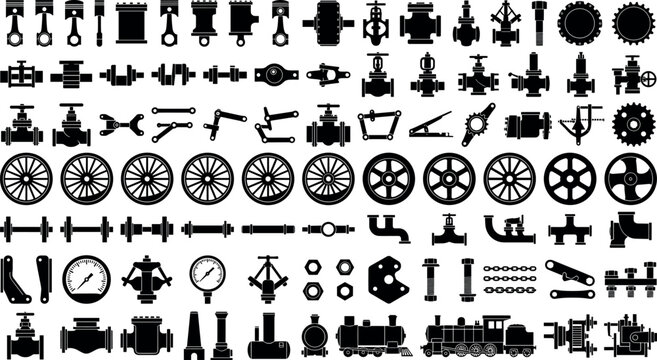 Collection of industrial machinery silhouettes engine pistons plumbing valves train wheels and mechanical gear icons isolated on white background vector elements.