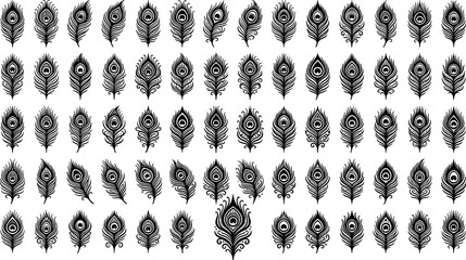 Collection of ornate peacock feather silhouettes featuring intricate mandalas boho textures and luxury tribal elements isolated on white background vector illustration. © AFSANA AKTER