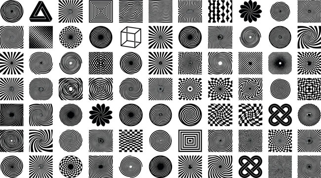 Collection of optical illusion patterns psychedelic spiral graphics hypnotic geometric shapes and trippy abstract textures isolated on white background vector elements.
