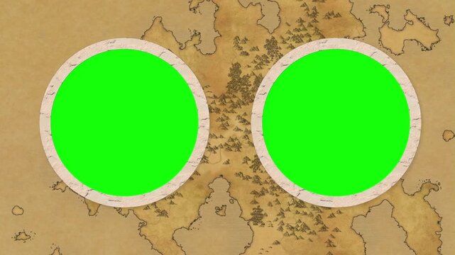 Map circles highlight two distinct green regions set against a vintage parchment background for cartographic presentations.