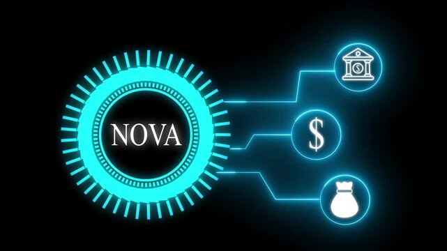 Abstract futuristic digital icon of nova information and communications technology on black background 4k  video .