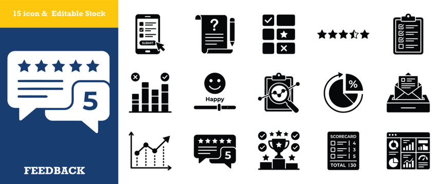 Feedback and survey icon set with star ratings and charts on a dark blue background.