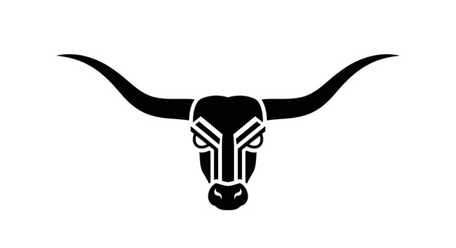 Minimalist black bull head logo with long curved horns.