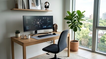 Fototapeta premium Home Office Sanctuary: A minimalist home office featuring a sleek wooden desk, a modern monitor displaying data, a comfortable chair, and a large potted plant.