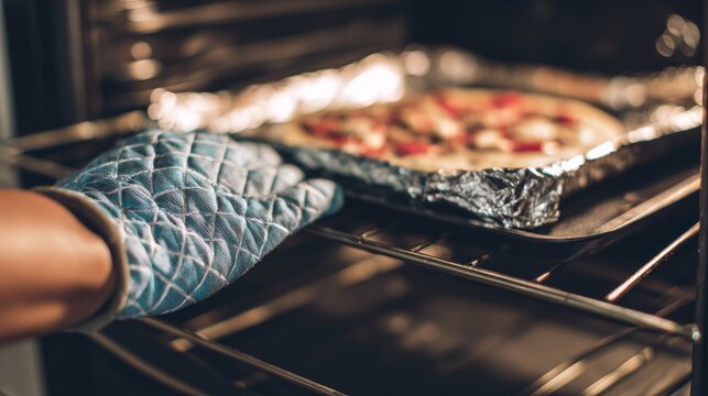 Frozen pizza with tomato sauce and cheese on baking tray covered in foil, hand wearing quilted oven mitt placing meal into hot oven for convenient home cooking and baking preparation