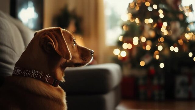 Profile shot of a cute golden-brown dog sitting calmly on a sofa, gazing peacefully at a decorated christmas tree with beautiful bokeh lights in a cozy, festive living room