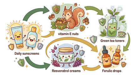 Fototapeta premium Natural Skincare Ingredients Cycle: Vitamin E, Green Tea, Ferulic Acid, Resveratrol, Sunscreen