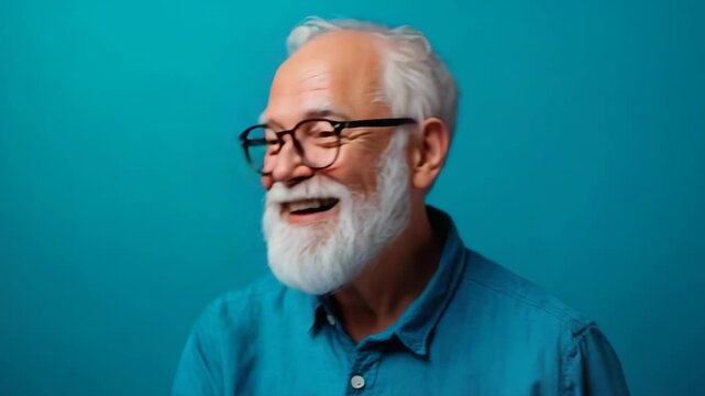 Happy senior man with a white beard and glasses looking up and laughing with genuine joy and amusement, expressing pure happiness and positive emotions on a blue background